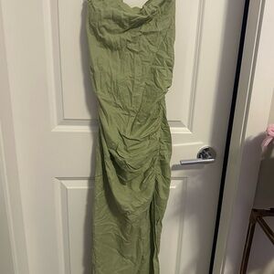 Zara Linen Sage Green Strapless Ruched Maxi Dress